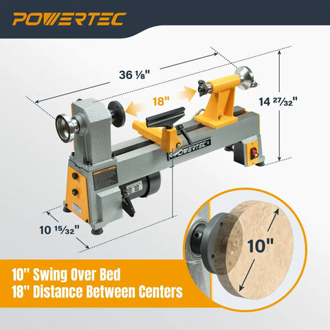 Powerful 10 Inch X 18 Inch Benchtop Mini Wood Lathe With Cast Iron Body showcasing measurements for swing and distance between centers.