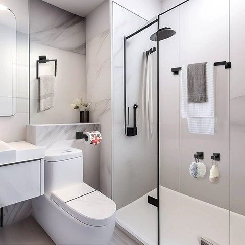 Matte Black 5 Piece Bathroom Hardware Set With Wall Mounted Towel Bar Towel Holder And Towel Racks Kit SUS304 Stainless Steel Rustproof Fixtures For Ultra Durable Bath Organization 23.6 Inch installed in a modern bathroom