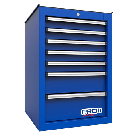 Fourteen And A Half Inch Pro II 7 Drawer Side Cabinet In Blue With Industrial Strength Construction And Durable Powder Coat Finish Removable Dividers Full Extension Drawers For Workshop Or Garage Organization.