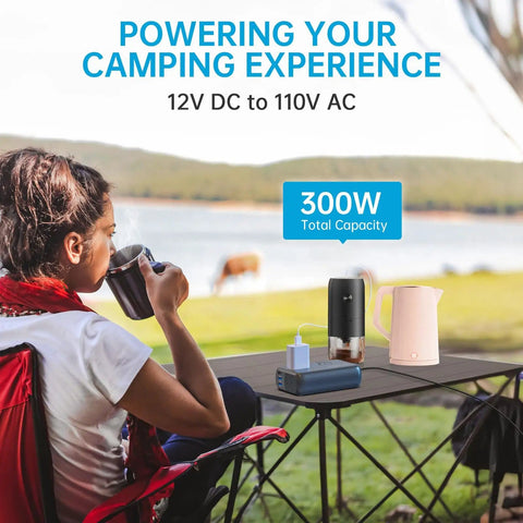 Woman using camping setup with 300W Car Power Inverter With Pure Sine Wave 60W PD USB C 2 USB A Ports And Dual 110V AC Outlets.
