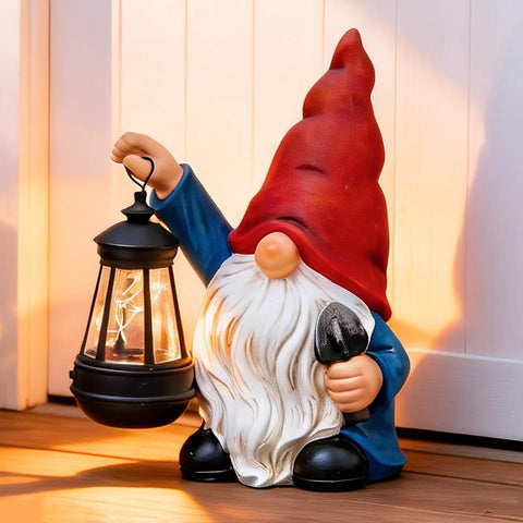 Garden Gnome Statue With Shovel And Lantern, Solar LED Lights That Glow At Night, Go To Outdoor Decor For Patio, Terrace, Lawn Or Yard