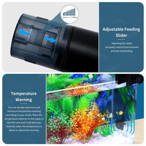 Rock Solid Automatic Fish Feeder With Nailed It Timing Accuracy And Rechargeable Battery For Home Aquariums and Backyard Ponds featuring adjustable feeding slider.