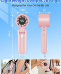 Turbo Handheld Fan 12800 RPM Ultra Portable 4 In 1 Mini Fan with metal clasp, compact design shown with backpack and purse.