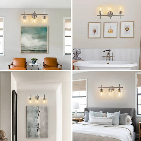Slick 3 Light Modern Bathroom Vanity Light Fixtures Over Mirror With Clear Glass Shade Nickel Brushed Finish Wall Sconce in various rooms