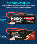 New and old packaging of Beefy 7.4V 70C 6200mAh 2S LiPo Battery Hard Case With Traxxas Plug displayed on blue background