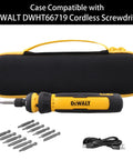 Hard Travel Case For DEWALT FlexDrive Cordless Screwdriver DWHT66719 With Pro Grade Tough Build Secure Fit Sturdy Handle Black Case And Yellow Zipper For Easy Grab And Go Storage displaying case and screwdriver with accessories
