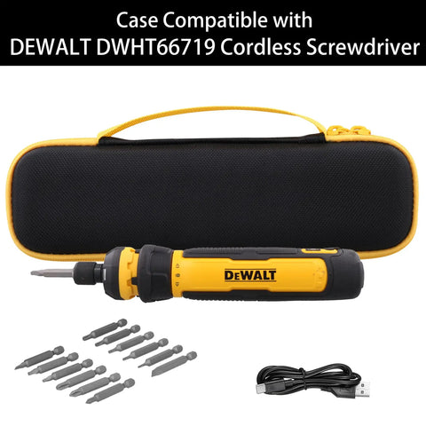 Hard Travel Case For DEWALT FlexDrive Cordless Screwdriver DWHT66719 With Pro Grade Tough Build Secure Fit Sturdy Handle Black Case And Yellow Zipper For Easy Grab And Go Storage displaying case and screwdriver with accessories