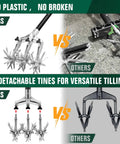 Comparison of Manual Rotary Garden Cultivator Tiller With Heavy Duty Steel Head And Detachable Thick Tines, focus on design and features.