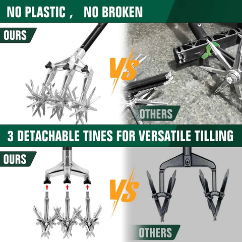 Comparison of Manual Rotary Garden Cultivator Tiller With Heavy Duty Steel Head And Detachable Thick Tines, focus on design and features.