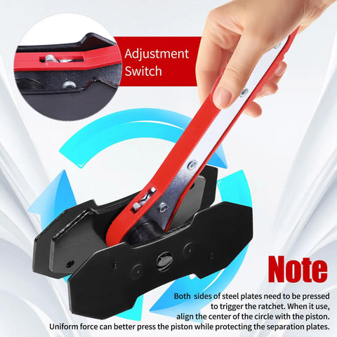 Close-up of Heavy Duty Brake Caliper Piston Compressor Tool Kit with red carbon steel handle in use
