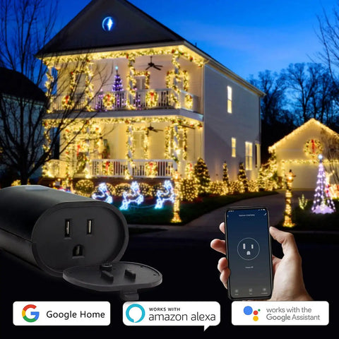 Outdoor Weatherproof Smart Plug 2 Pack Featuring Rock Solid 2.4ghz Wifi And Frictionless Alexa Google Assistant Voice Sync For A No Sweat Patio Automation Setup with holiday lights in background.