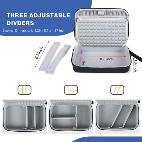 Road Ready Travel Electronic Organizer Case For Laptop Chargers Power Banks And Cables Features Cable Management Shockproof Hard Shell with adjustable dividers and internal dimensions.