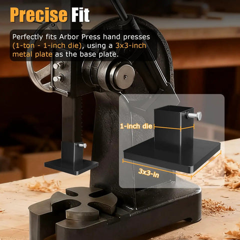 Beefy Hand Press Foot Attachment For Die Cutting And Leather Stamping Machines With All Metal Platen shows 3x3 inch base and 1-inch die