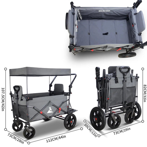 All Terrain Collapsible Wagon Cart With Canopy And Two Seats For Camping, Garden, And Shopping, 360 Degree Swivel Front Wheels
