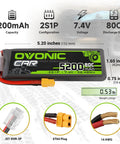 2 Pack LiPo Battery 2S 5200mAh 7.4V 80C Beefy Power With XT60 Plug and JST-XHR-3P, soft case, size details, for RC cars and drones