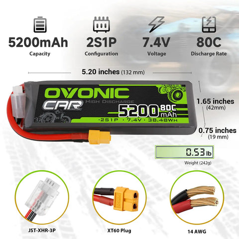 2 Pack LiPo Battery 2S 5200mAh 7.4V 80C Beefy Power With XT60 Plug and JST-XHR-3P, soft case, size details, for RC cars and drones