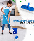 Six-Piece Threaded Swivel Scrub Pad Holder Set With Pads, Heavy-Duty Floor Pad Holders For Commercial Cleaning, Versatile Blue 9 X 3.75 Inch, Built Tough For Contractors And Home Use, Durable Construction For Heavy Scrubbing. Blue threaded swivel pad holder on floor with cleaning pad