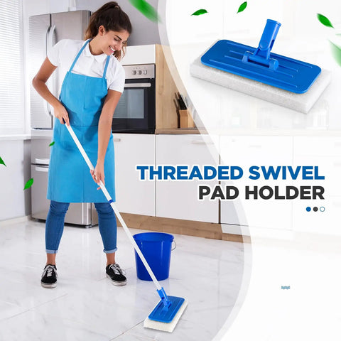 Six-Piece Threaded Swivel Scrub Pad Holder Set With Pads, Heavy-Duty Floor Pad Holders For Commercial Cleaning, Versatile Blue 9 X 3.75 Inch, Built Tough For Contractors And Home Use, Durable Construction For Heavy Scrubbing. Blue threaded swivel pad holder on floor with cleaning pad
