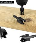 Eight Piece Wood Plug Cutter Drill Bit Set With One Quarter, Five Sixteenths, Three Eighths And One Half Inch Sizes And One Quarter Inch Hex Shank