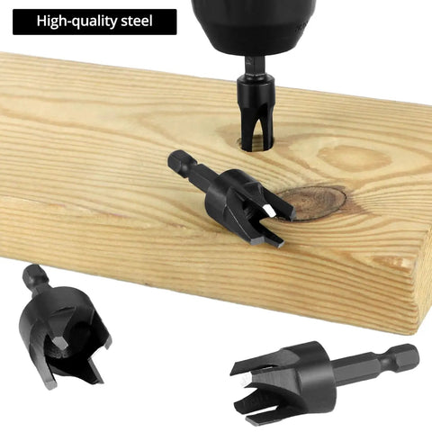 Eight Piece Wood Plug Cutter Drill Bit Set With One Quarter, Five Sixteenths, Three Eighths And One Half Inch Sizes And One Quarter Inch Hex Shank