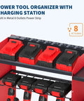 Heavy Duty Wall Mount Power Tool Organizer With 3 Layer Garage Rack, 8 Outlets, 8 Drill Storage Slots, Hooks And Battery Charging Station For Tools, Compact Garage Shelf And Charger Station For Easy Access showing power strip and slots