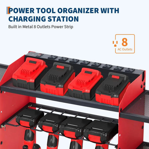 Heavy Duty Wall Mount Power Tool Organizer With 3 Layer Garage Rack, 8 Outlets, 8 Drill Storage Slots, Hooks And Battery Charging Station For Tools, Compact Garage Shelf And Charger Station For Easy Access showing power strip and slots