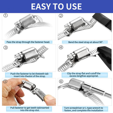 Hose clamps kit, 304 stainless steel worm-drive with 33 ft strap, 20 fasteners, L-wrench; installation steps shown.