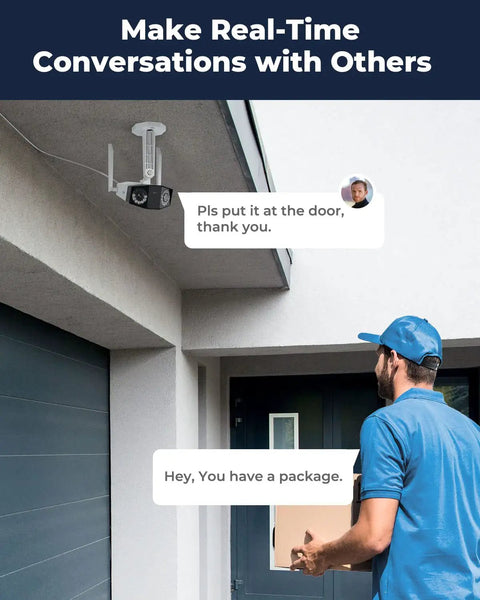 Delivery person talks to homeowner via Dual Lens 2K 4MP Outdoor WiFi Security Camera With 150 Degree Ultra Wide View Color Night Vision