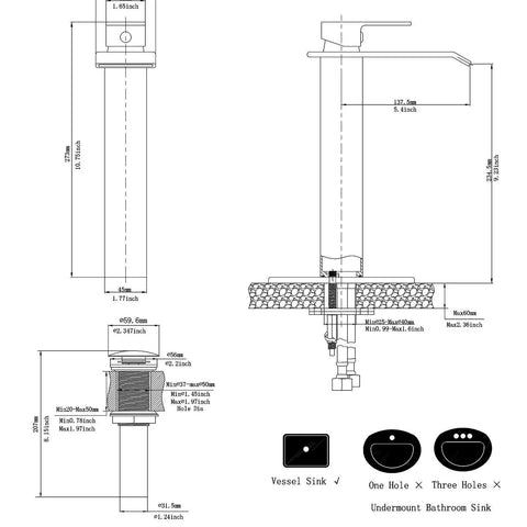 Technical diagram of Matte Black Bathroom Vessel Sink Faucet Tall Deck Mount With Pop Up Drain Single Handle Single Hole Vanity Lavatory Faucet