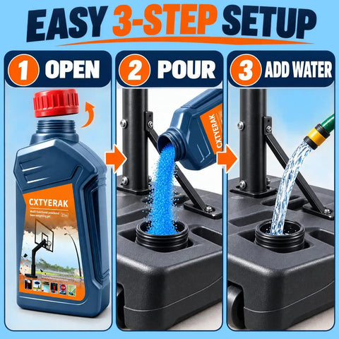 Easy 3-step setup for Heavy Duty Weighted Gel For Basketball Hoop Base Replaces 675 Lbs Of Sand Without The Backbreaking Hustle.