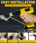 Drill-mounted metal plate cutter attachment on a yellow cordless drill; for cutting thin steel, copper and aluminum