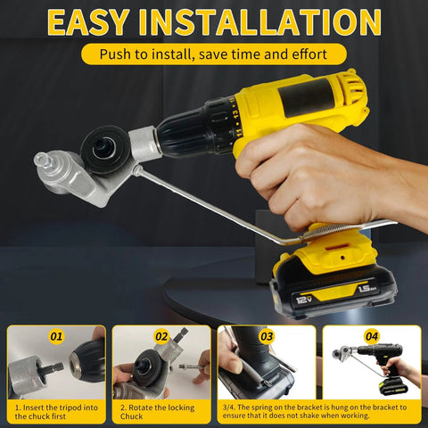 Drill-mounted metal plate cutter attachment on a yellow cordless drill; for cutting thin steel, copper and aluminum