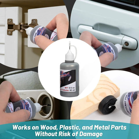 Graphite Powder Lubricant bottle for Pinewood Derby Cars and Axles, showing use on wood, plastic, and metal parts.