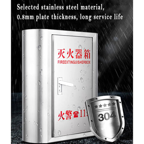 Heavy Duty 304 Stainless Steel Fire Extinguisher Storage Cabinet With Sleek Brushed Finish, 0.8mm thick, rust-resistant, waterproof design.