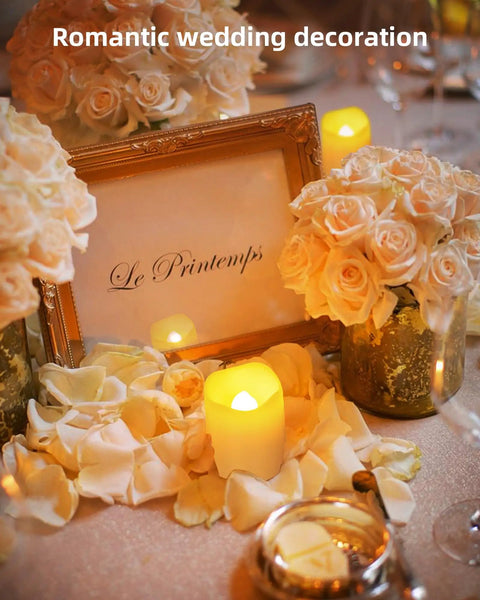 Flameless Votive Candles 24 Pack LED Tea Lights With Realistic Flicker on wedding table with flowers and frame