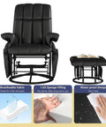 Black 360 Degree Swivel Glider Recliner With Ottoman And Foot Rest, features two side pockets, tilt and rocking comfort.