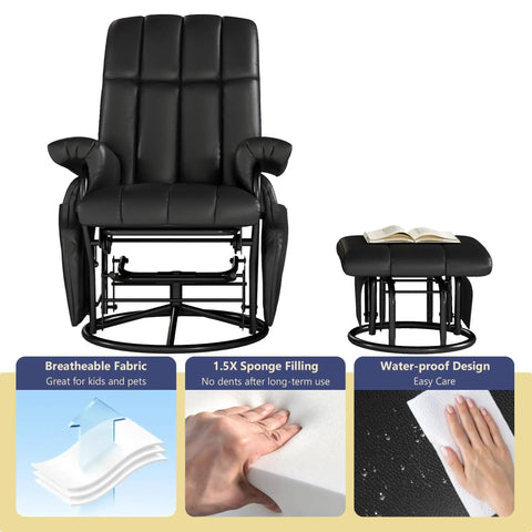 Black 360 Degree Swivel Glider Recliner With Ottoman And Foot Rest, features two side pockets, tilt and rocking comfort.