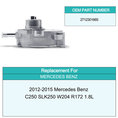 Side view of AULINK vacuum pump, aluminum body, OEM part 2712301665 for 2012-2015 Mercedes C250 SLK250 W204 R172 1.8L