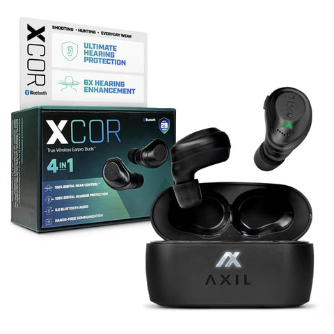 XCOR Pro Wireless Earbuds With Bluetooth, Touch Control, HearPRO Sound Enhancement, Hearing Protection, Dust And Water Resistant, Wind Resistant True Wireless Buds shown with packaging and charging case