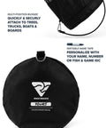 Collapsible Mesh Snorkel Bag For Long Fins With Top Opening For Easy Drop In And Hands Free Carry Beach Ready Durable Marine Grade Gear With Attachments For Dock Boats And Trees showing bungee and writable name tape.