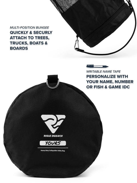 Collapsible Mesh Snorkel Bag For Long Fins With Top Opening For Easy Drop In And Hands Free Carry Beach Ready Durable Marine Grade Gear With Attachments For Dock Boats And Trees showing bungee and writable name tape.