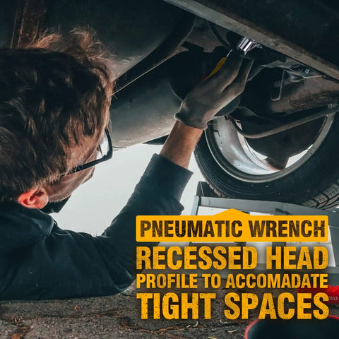Mechanic using 1/2-Inch Air Ratchet Wrench For Auto Maintenance And Repair under vehicle, showcasing its compact design for tight spaces.