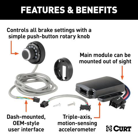 Proportional Trailer Brake Controller Featuring Slick Dash Mounted Rotary Knob Triple Axis Accelerometer, showing dial and main module for installation.