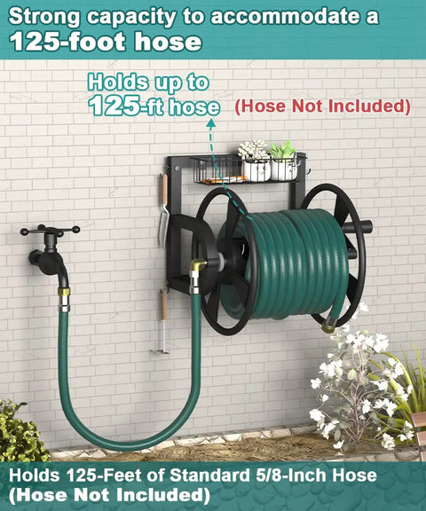 Outdoor Wall Mounted Hose Reel With Hook And Leader Hose, Heavy Duty Metal Water Organizer For Garden, Stores 125 Feet Of Five Eighths Inch Hose, Brass Fittings And Storage Basket, Black.