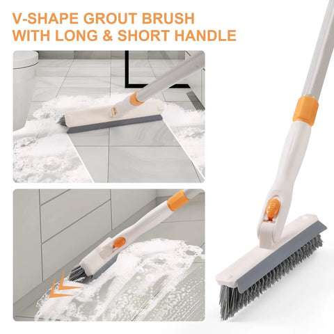 3 In 1 Shower Scrubber With Long 50 Inch Handle Set, V-shaped grout brush head for bathroom kitchen floors cleaning.