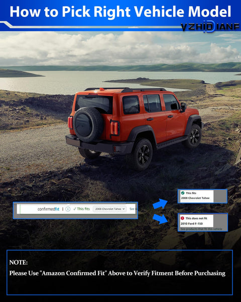 Red off-road vehicle on rocky landscape next to fitment guide instructions, highlighting Amazon confirmed fit feature.