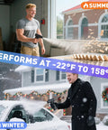 Man using Cordless Electric Air Duster Turbo 110,000 RPM in summer workshop, another clearing snow from car in winter