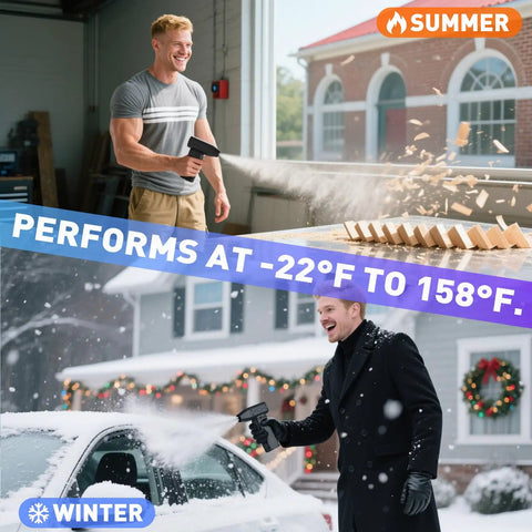 Man using Cordless Electric Air Duster Turbo 110,000 RPM in summer workshop, another clearing snow from car in winter