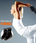 Copper Infused Ankle Support Sleeve With Gel Pads For Plantar Fasciitis And Sprained Ankles in use during a stretch exercise