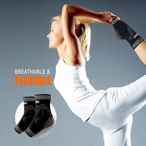 Copper Infused Ankle Support Sleeve With Gel Pads For Plantar Fasciitis And Sprained Ankles in use during a stretch exercise
